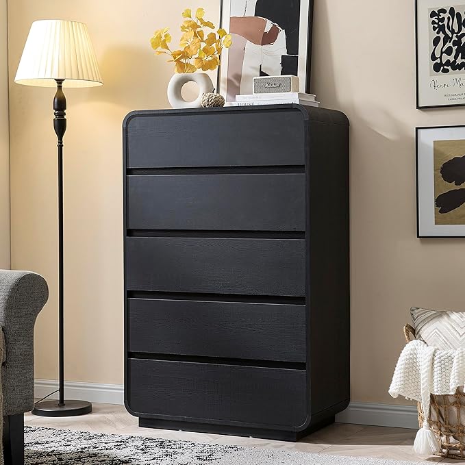 29.5’’ W Dresser for Closet, Black Drawers with Curved Design, Chest Drawer with 5 Drawers, Vertical Drawer with Large Storage, Wooden Dresser for Living Room, Nursery, Entryway