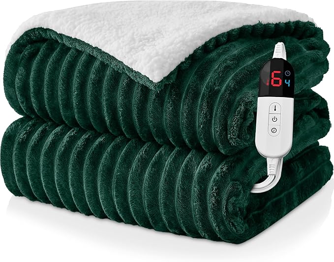 Electric Heated Blanket Queen Size Dual Control - 84"x90" Fast Heating Bed Blankets with 6 Heating Levels & 10 Hours Auto Off, Soft Ribbed Flannel, Over-Heat Protection ETL, Dark Green