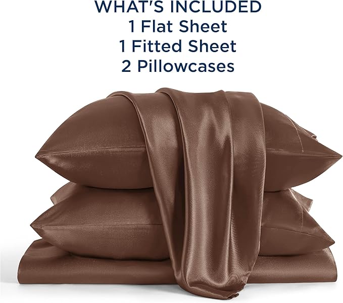 Bedsure Satin Sheets Queen Size - 4 Piece Silky Bedsheets with 15 Inches Deep Pocket Fitted Bedsheet,1 Flat Sheet, 2 Satin Pillowcases, Good for Hair & Skin (Queen, Coffee)