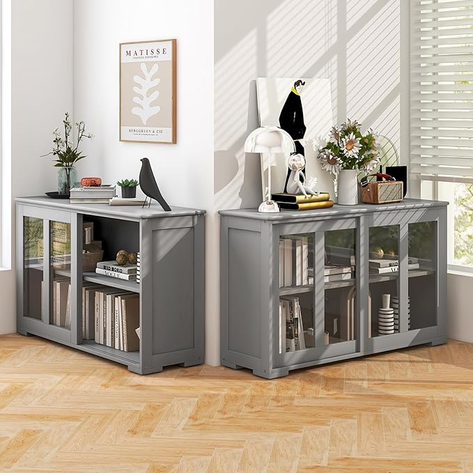Costzon Sideboard Buffet Cabinet of 2, Wooden Kitchen Storage Cabinet with Adjustable Shelf, Sliding Glass Doors, Accent Coffee Bar Cabinet Console Table for Living Room, Dining Room, Hallway