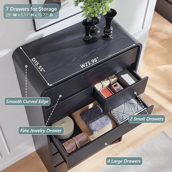 Modern 7 Drawers Dresser for Bedroom, 55" Tall Dressers & Chest of Drawers w/Curved Profile Design, Wood Mid Century Vertical Storage Dressers Organizer for Bedroom, Living Room, Black