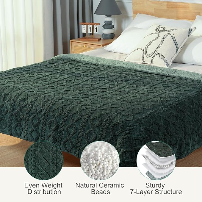 Sherpa Fleece Adult Weighted Blanket Great for Sleep, 15 lbs Dual Sided Soft Fuzzy Heavy Blankets for Couch Bed Sofa, Cozy Warm Fluffy Jacquard Throw for Winter (Green, 60" x 80", 15 Pounds)