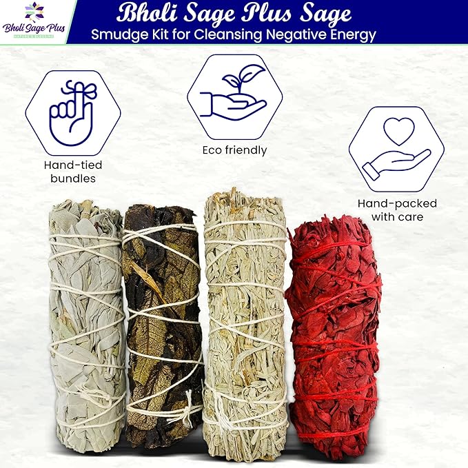 Sage Starter Kit for Cleansing Negative Energy. Variety Pack of 4 which Includes White, Black, Blue and Red Sage (Dragon Blood)