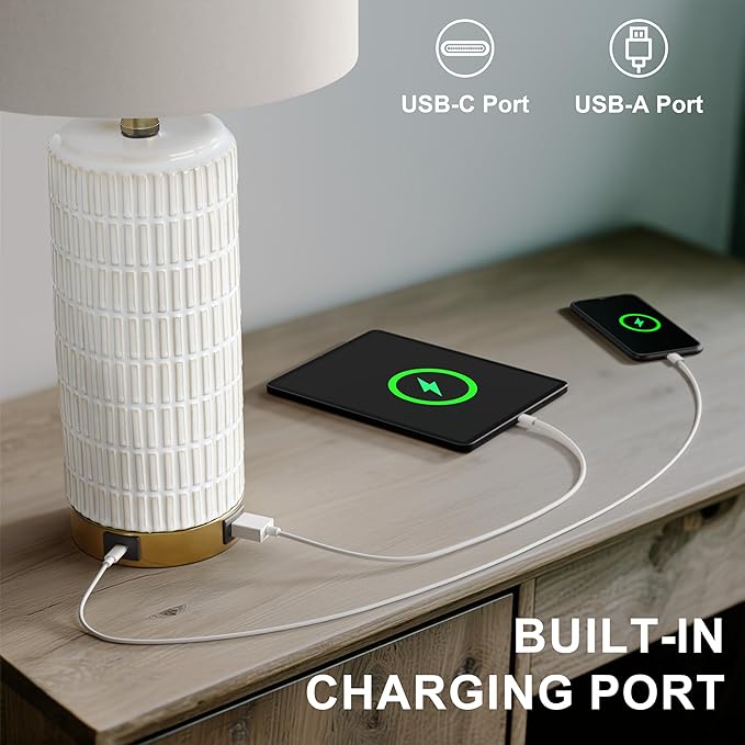 PoKat Touch Bedside Table Lamps with USB Ports for Bedroom Living Room, 25'' Dimmable Nightstand Touch Lamps for Living Room, Modern Ceramic Lamps for Night Stands Bedroom, Office, White and Beige
