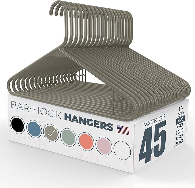 Neaties Plastic Hangers 45 Pack – Made in The USA – 6lb Capacity Standard Clothes Hangers with Strap Hooks for Dresses, Lingerie, Shirts, Pants, and Jackets – Gray