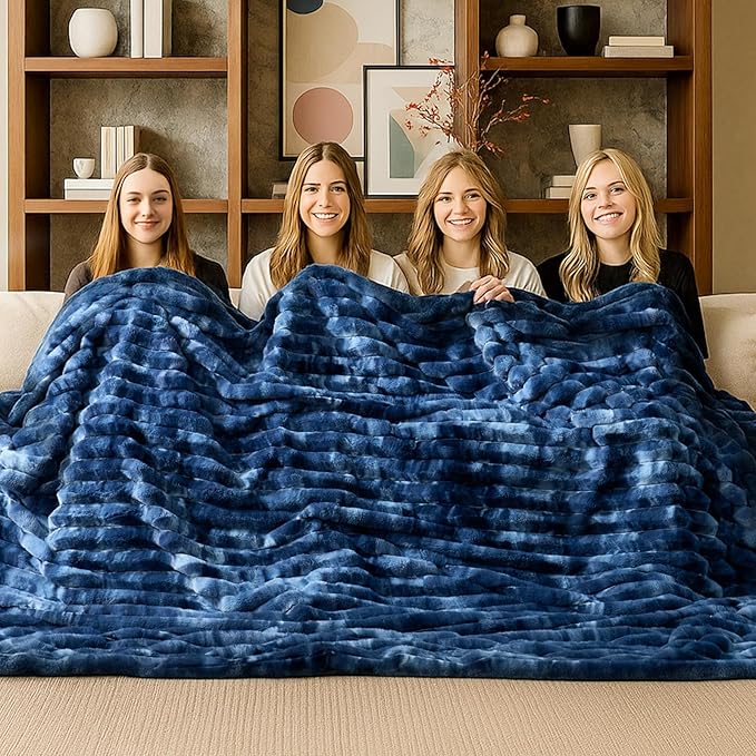 Cozy Bliss Faux Fur Throw Blanket for Couch, Cozy Warm Plush Striped Blanket for Sofa Bedroom Living Room, 90 * 90 Inches Tie-dye Blue