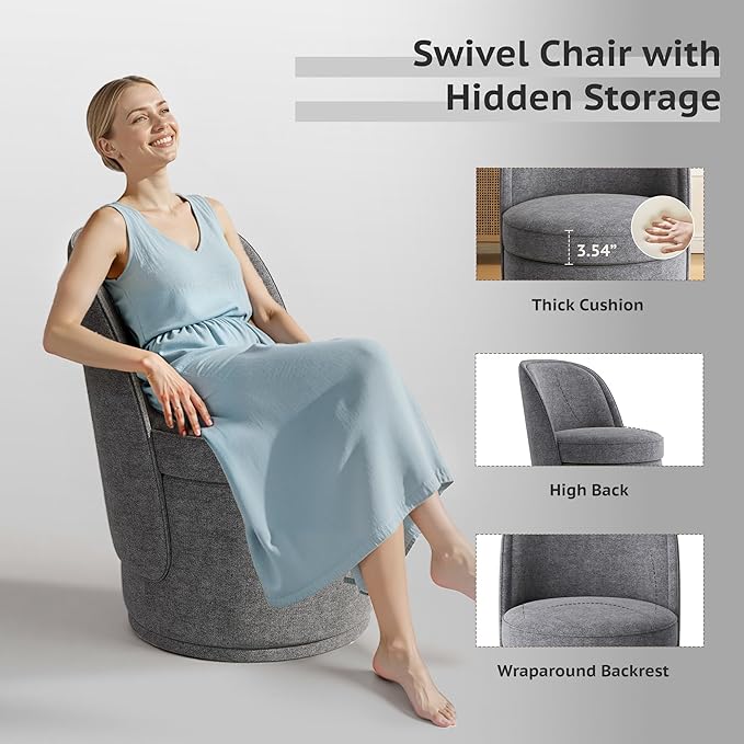 Swivel Accent Chair Set of 2, 360° Swivel Round Chair with Hidden Storage, Vanity Chairs, Modern Small Barrel Armchair for Living Room/Bedroom, Darkgrey