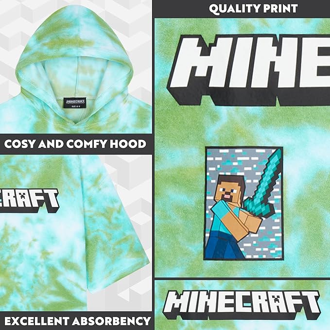 Minecraft Towelling Poncho Kids Teens Hooded Bath Towels Absorbent Beach Towel (Green Tie Dye, 10-13 Years)