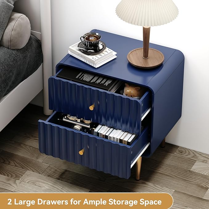 HLR Modern Nightstand, Fluted Bed Side Table with 2 Drawers Storage, Wood End Table with Gold Metal Handle, Blue Night Stands for Bedroom