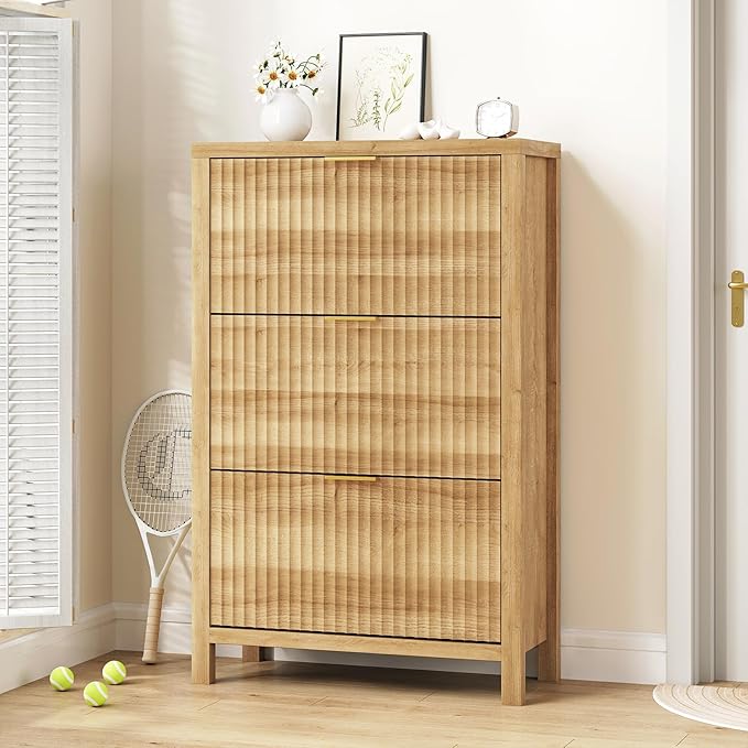 Shoe Cabinet Storage for Entryway, Fluted Shoe Cabinet with 3 Flip Drawers, Hidden Shoe Rack Tall Freestanding Shoe Organizer with Legs for Hallway, Oak