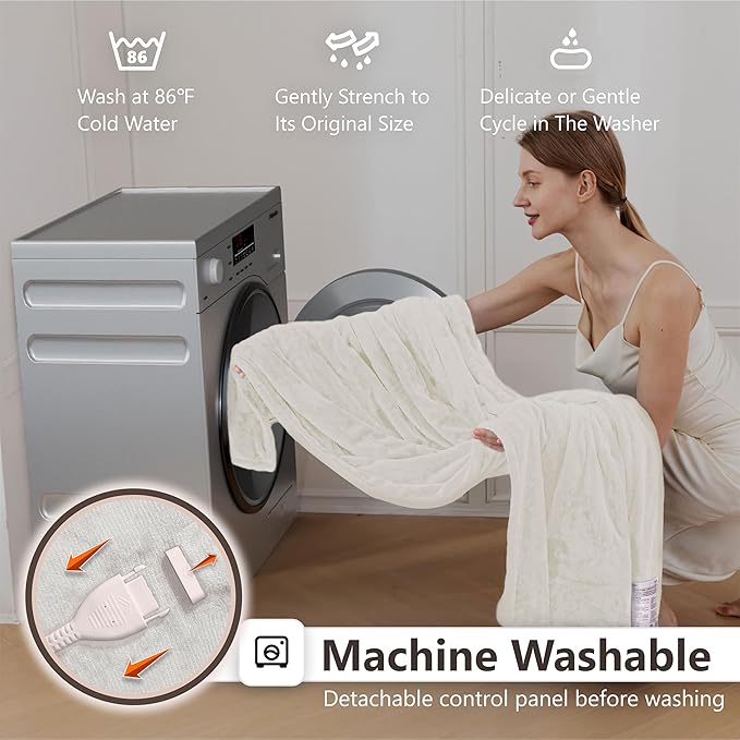 Wapaneus Foot Pocket Heated Blanket Electric Throw with 10 Heating Levels and Auto Shut Off,Flannel Fast-Heating Heated Throw 50" x 60",ETL Listed Machine Washable,Ivory