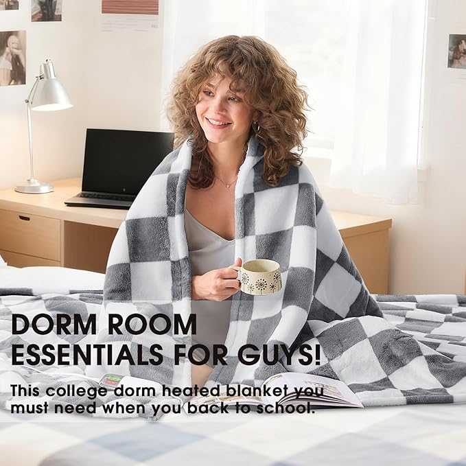 Heated Electric Blanketc Throw, 50X60 Heating Blanket with 10 Heat Level & 8 Hour Auto Off for Lap, Light Gray Checkered Plaid Sherpa Blankets Warmer Gift for Couch Grandma Women Adults Washable
