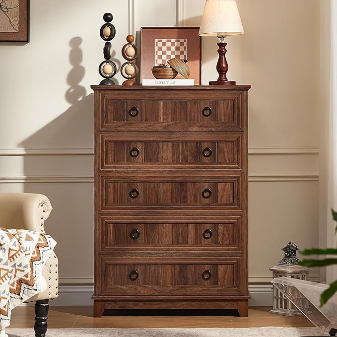 Farmhouse 5 Drawer Dresser for Bedroom, 42" Tall Small Dressers & Chest of Drawers, Rustic Wood Dresser with Metal Handle, Storage Organizer Closet for Living Room, Hallway, Entryway