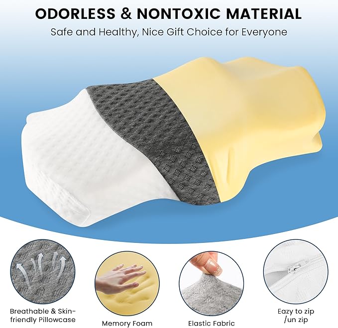HOKIZU Cervical Memory Foam Pillow with Bamboo Fabric Pillowcase- Breathable, Supportive for Neck & Shoulder Pain Relief, Ergonomic Contour Neck Pillow for Side, Back, Stomach Sleepers(White-Gray)
