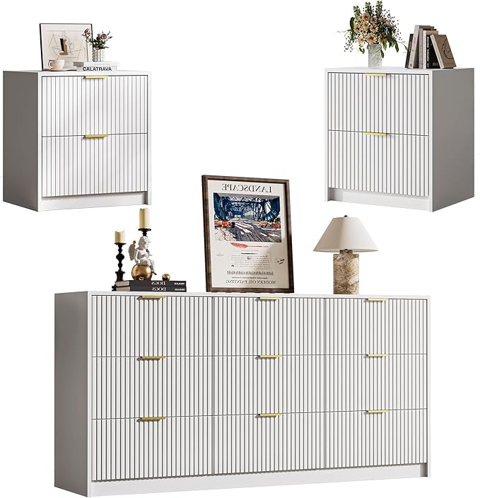 3-Piece Dresser Bedroom Set, 9 Drawer Dresser & 2 Drawer Nightstands with Gold Handles, Fluted Wood Chest of Drawers for Bedroom, Living Room, Entryway, White
