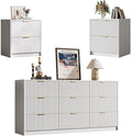 3-Piece Dresser Bedroom Set, 9 Drawer Dresser & 2 Drawer Nightstands with Gold Handles, Fluted Wood Chest of Drawers for Bedroom, Living Room, Entryway, White