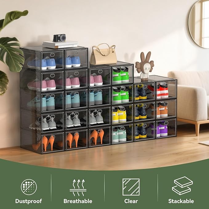 Thicken Hard Clear Shoe Storage Organizer for Closet, 12 Pack Modular Plastic Stackable Shoe Storage Box Organizer, Shoe Sneaker Rack Display Case Containers Bins with Lids, Grey