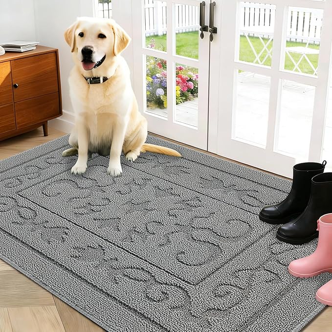 FONEYI Indoor Door Mat, Front Back Door Mat 32"x48" Non-Slip Rubber Backing Door Rug, Machine Washable Entry Rug, Low Profile Absorbent Dirt Trapper Doormat Inside Floor Mats for Entryway, Light Grey