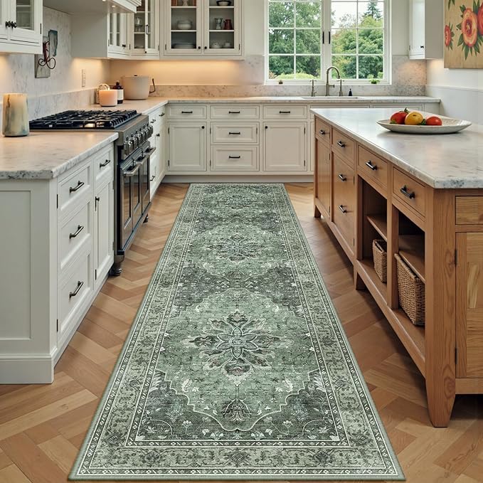 Area Rugs 2'x7' Washable Non-Slip, Floral Vintage Distress Print Pattern Medallion Carpet for Living Room Bedroom Dining Room, Dark Green Gray