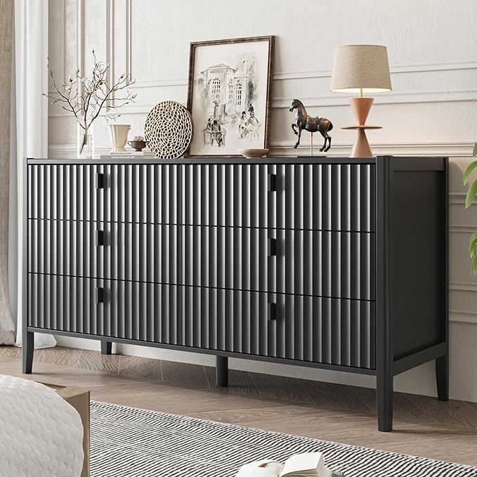 6 Drawer Dresser, Modern Chest of Drawers for Bedroom, Wood Fluted Dresser Organizer with Deep Drawers for Clothes, Nightstand for Bedroom, Hallway, Living Room, Entryway, Black