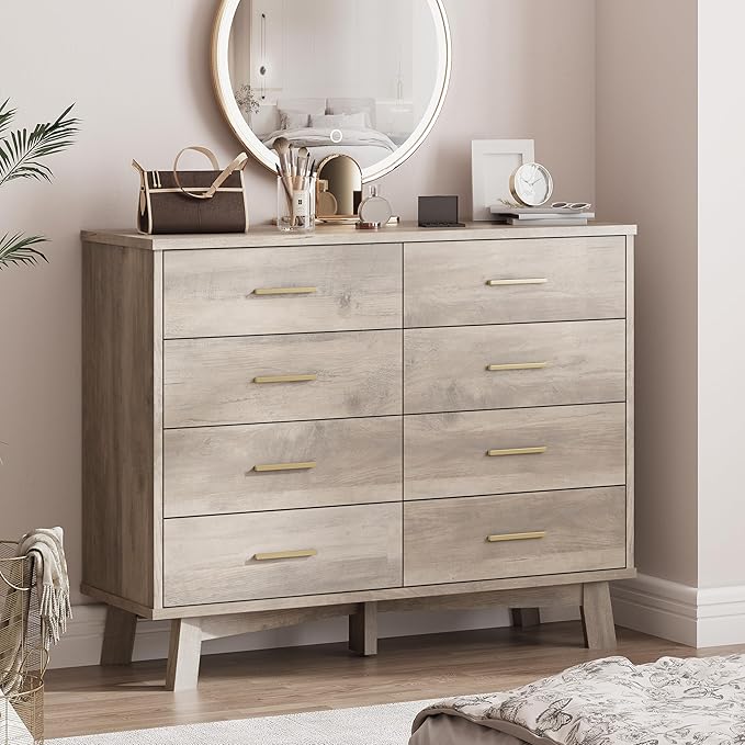 Dresser for Bedroom, 8 Drawer Wide Modern Chest of Drawers with X-Shaped Sturdy Base, Wood Double Dresser Closet Clothes Storage Organizer, Wooden TV Stand for Living Room, Hallway, Grey