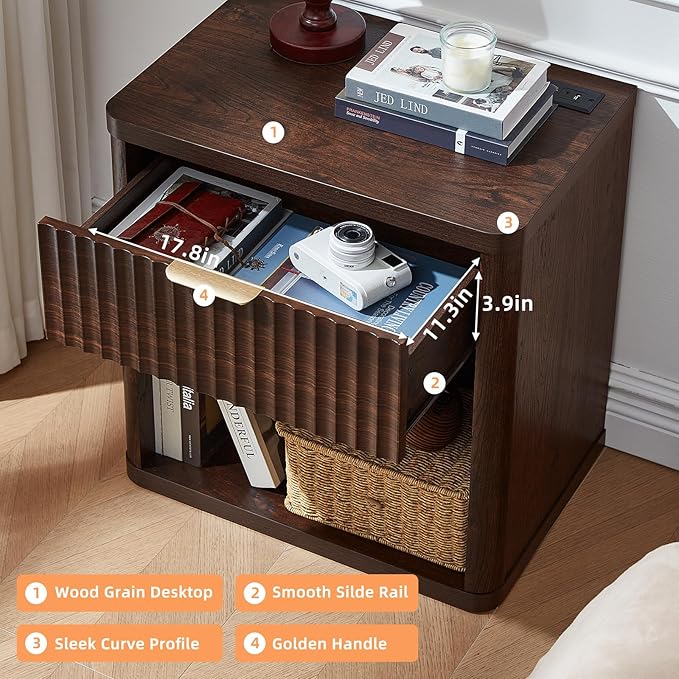 LEYAOYAO Fluted Farmhouse Nightstand Set of 2 with Charging Station, 23" Wide 1 Drawers Night Stand,Walnut Dresser for Bedroom,Bed Side Table Chest of Drawers,Wood End Table for Living Room