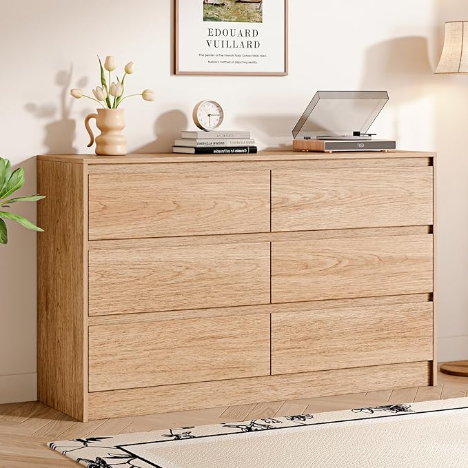 6 Drawer Dresser,47" Wide Mid Century Chest of Drawers,Wooden Bedroom Drawer Dresser with 6 Storage Drawers for Bedroom,Living Room,with Anti-Tipping Device,Natural