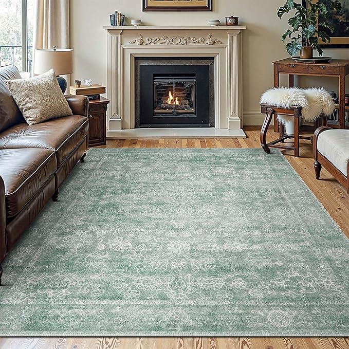 jinchan 8x10 Machine Washable Area Rugs for Living Room – Vintage Floral Soft Stain Resistant Low Pile Rug, Non Slip Ultra-Thin Carpet for Bedroom, Dining Room, Home Office, Nursery (8'x10', Green)
