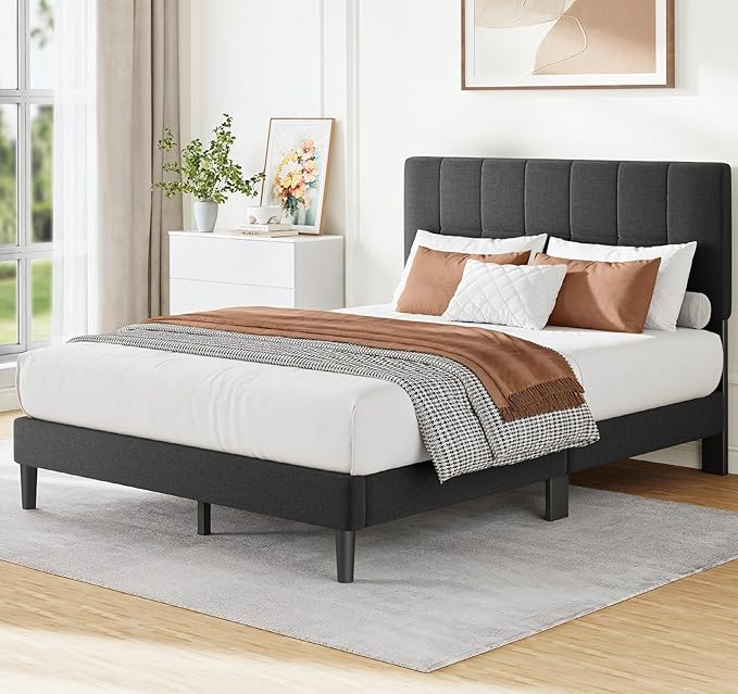 Amada Twin Platform Bed Frame with 12 Thickened Legs & Adjustable Fabric Upholstered Headboard, Solid Wooden Support 1300 Lbs Weight Capacity, No Box Spring Needed/Easy Assembly/Underbed Storage