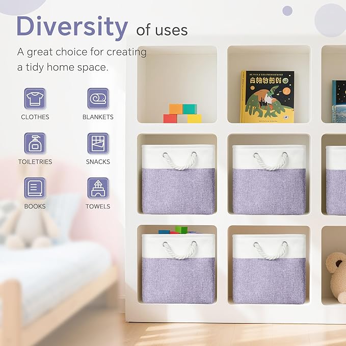 Large 11x11 Inch Cube Storage Bins with Cotton Handles for Closet, Shelves, Clothes, Towel (White/Purple-6 Pack)