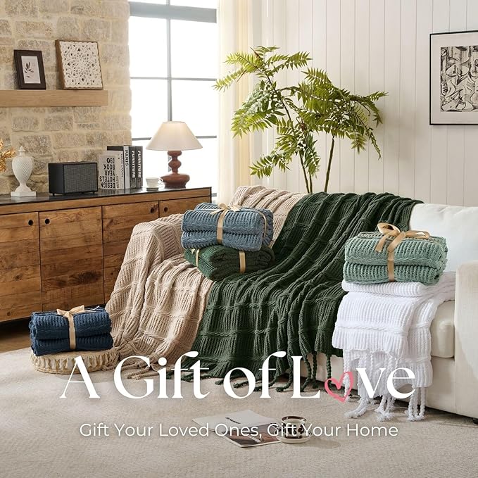 Boho Knitted Chenille Blanket with Tassels - Lightweight & Soft All-Season Throw - 3D Classic Pattern for Living Room Bedroom Couch, Imperial Green, Twin 60"x80"