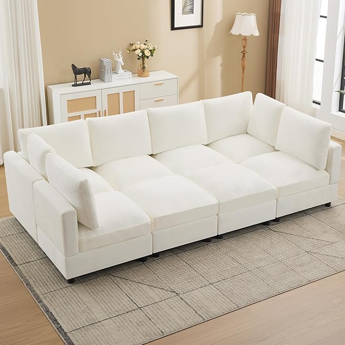 116'' Modular Sectional Cloud Sofa Bed, 8-Seater Convertible Sofa Couch with Ottoman, Modern Deep Seat Sleeper Sofa for Living Room, Chenille Beige