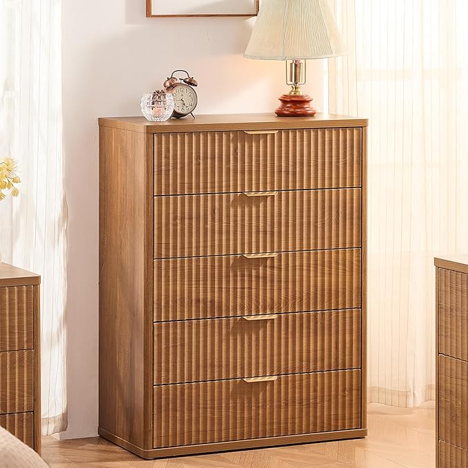 LEYAOYAO Fluted 5 Drawers Dresser for Bedroom, 41" Tall Modern Chest of Drawers with Metal Handle, Curved Profile Farmhouse Closet Organizer Wood Dressers TV Stand for Living Room, Hallway, Navy Blue