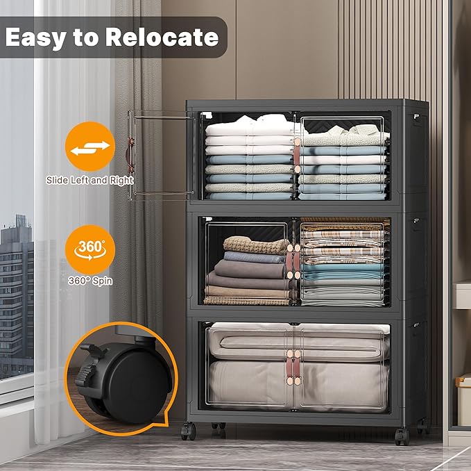 Extra Large Stackable Storage Bins with Lids & Wheels & Door, 672QT-112QT/28GAL*6Pack Foldable Collapsible Closet Organizers, Plastic containers drawers for bedroom Dorm