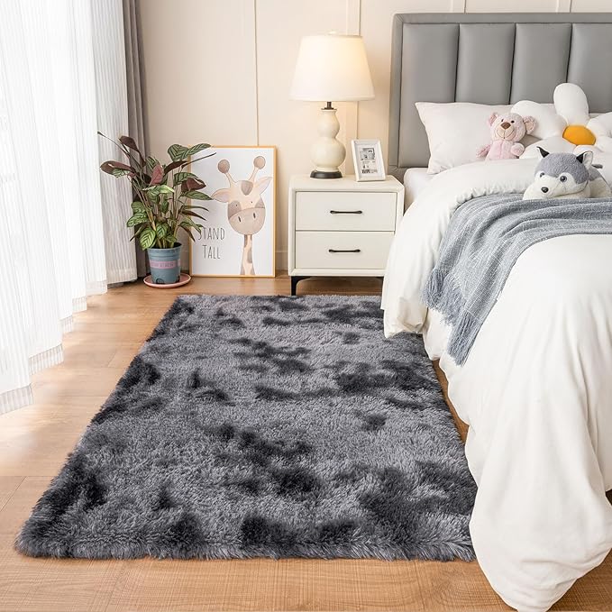 duduta Grey Plush Rugs for Bedroom 3x5 ft, Tie Dye Fluffy Gray Shag Rug for Dorm Nursery Bedside, Machine Washable Non Slip