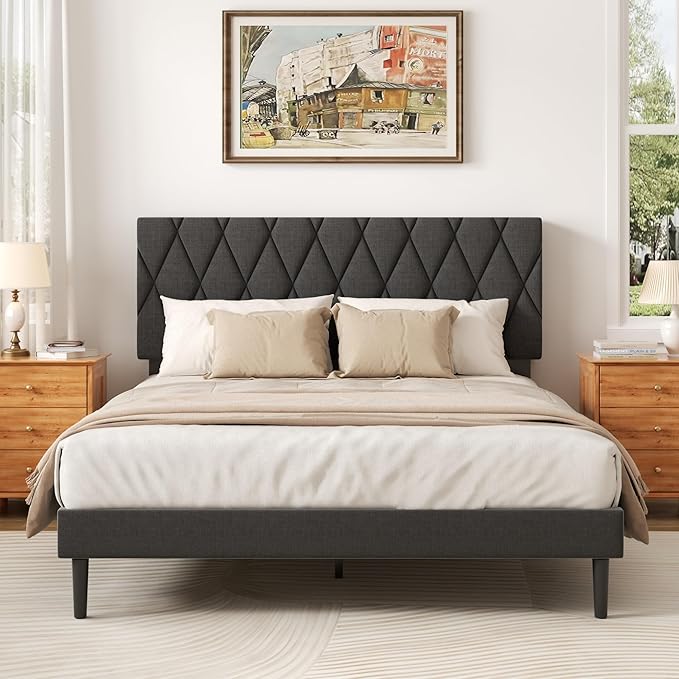 Full Size Bed Frame with Diamond Tufted Headboard, Linen Upholstered Platform Bed and Wooden Slat Support, Noise-Free, No Box Spring Needed, Easy Assembly, Dark Grey