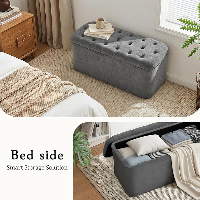 ONBRILL Storage Ottoman Bench, End of Bed Bench, 39.8 x 18.1 x 17.7 Inches Pouf Ottoman Foot Rest, Storage Benches Chest for Bedroom Entryway Living Room, Max 330 lbs, Grey