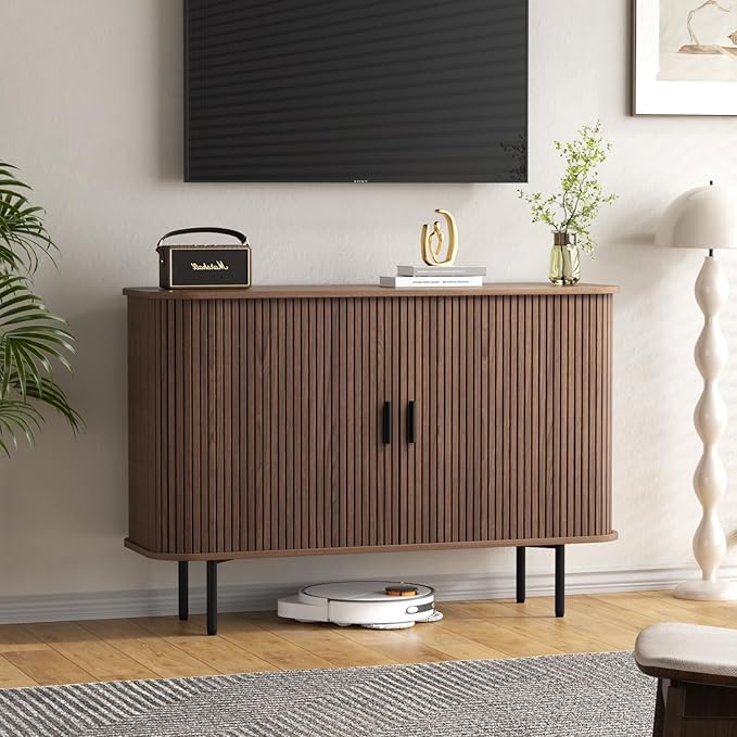47''W x 32''H Buffet Sideboard Cabinet with Storage, Fluted Storage Accent Cabinet with Curvy Edge, Sliding Door, Credenza, Console Table for Living Room, Kitchen, Walnut