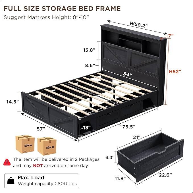 ACCOHOHO Farmhouse Full Size Bed Frame with 52" Tall Storage Headboard and LED Light,Wood Platform Bed Frame with 4 Drawers and Charging Station,Solid Wood Slats Support,No Box Spring Needed,Black