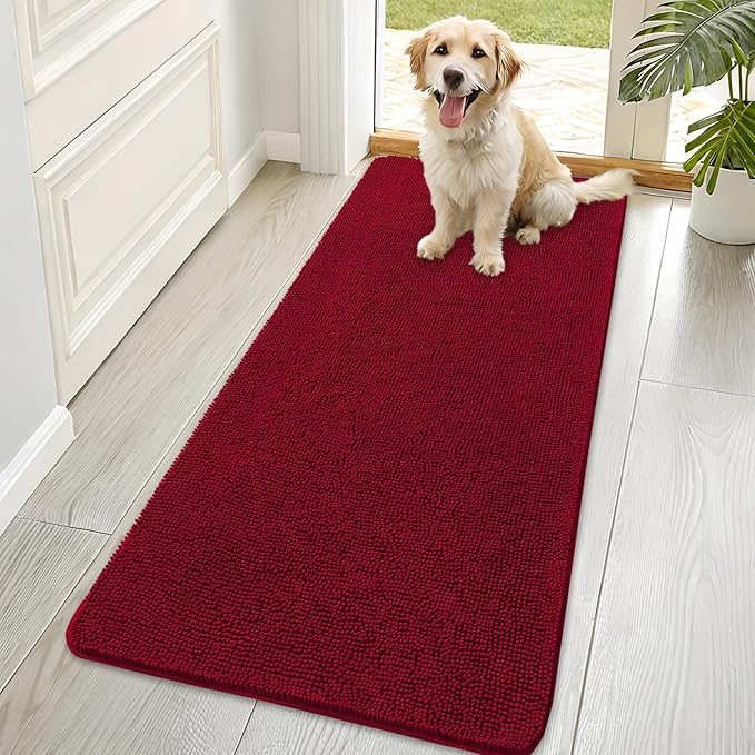 OLANLY Dog Door Mat for Muddy Paws 70x35, Absorbs Moisture and Dirt, Absorbent Non-Slip Washable Doormat, Quick Dry Chenille Mud Mat for Dogs, Entry Indoor Entryway Carpet for Inside Floor, Red