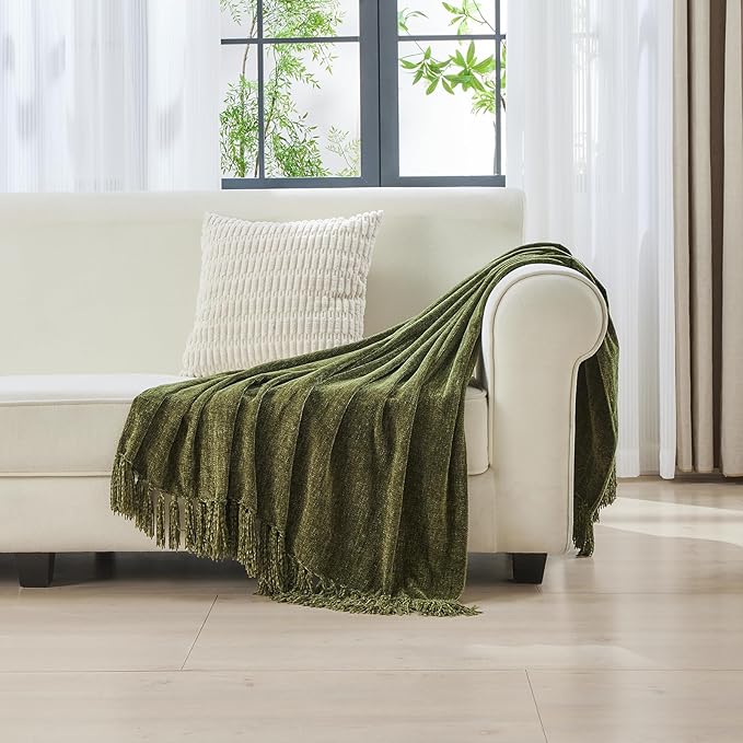 CozeCube Chenille Throw Blanket for Couch, Cozy Plush Fuzzy Decorative Olive Green Blanket with Fringe Tassels, Lightweight Throws for Bed Sofa Gift Home Decor, 60"X80"