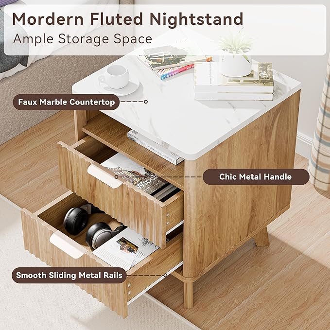 Fluted Nightstand with 2 Drawers, 18" Modern Night Stand with Faux Marble Top, Open Storage Shelf, Bedside Table for Bedroom, End Table Side Table, Natural Oak