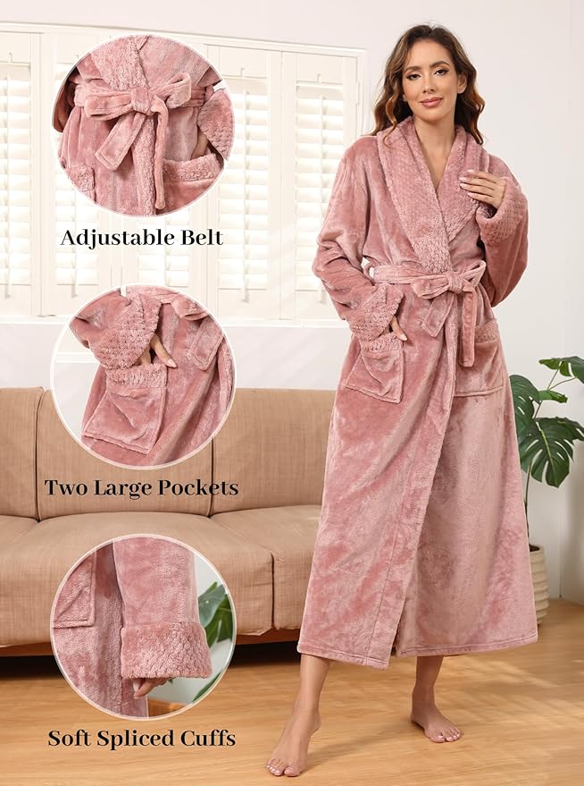 Artfasion Womens Long Fleece Robe - Warm Soft Floor Length Flannel Bathrobes for Winter Thicker Long House Coat with Pockets