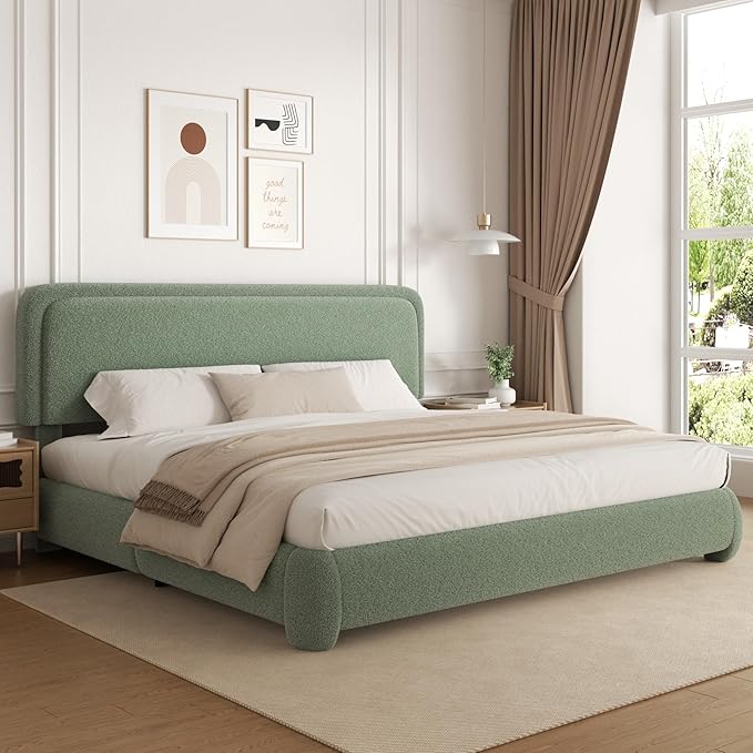 King Size Platform Bed Frame with Headboard, Boucle Upholstered Desige, Anti-Collision Corners, Soft Rounded Corners, No Box Spring Required, Easy Assembly, Noise Free