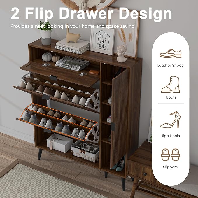 Shoe Storage Cabinet with 2 Flip Drawers, Narrow Shoe Cabinet for Entryway, Freestanding Slim Hidden Shoe Organizer Cabinet with Doors, Adjustable Shelf, Open Storage Space (Walnut)