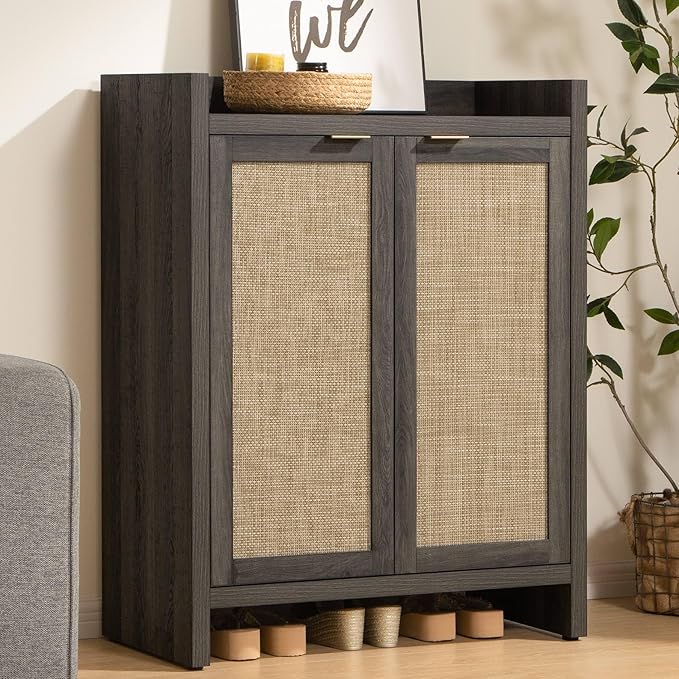SICOTAS Shoe Cabinet Set of 2, Large Capacity Shoe Storage Organizer Cabinet, Tall Rattan Shoe Cabinet with Doors and Shelves, 6-Tier Farmhouse Boho Wooden Storage Cabinet for Entryway, Black Oak