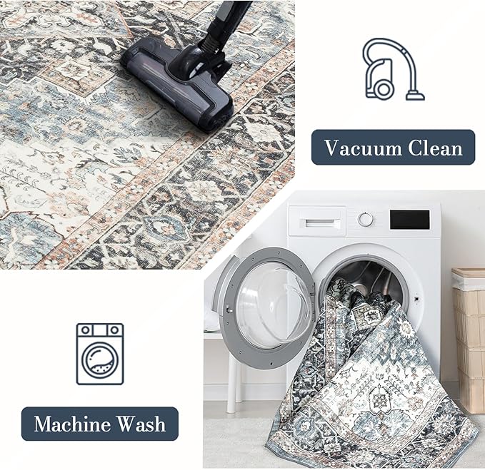 Area Rug 9×12, Large Vintage Boho Rug,Ultra-Soft Low Pile, Washable, Non Slip,Stain Resistant, Printed Carpet for Living Room Bedrooms Playroom Office Kitchen, Blue/Navy
