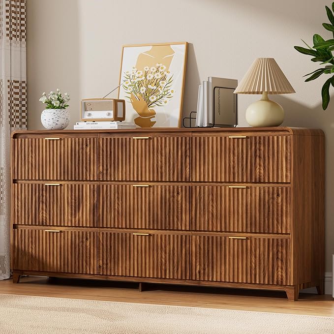 3 Pcs Bedroom Furniture Set, 9 Drawer Fluted Dresser and Nightstand Set of 2 with Charging Station, Modern Bed Side Table Chest of Drawers Storage Cabinet Set for Bedroom, Living Room, Walnut