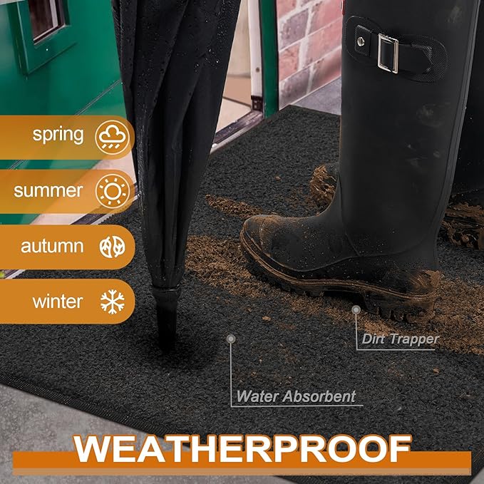 Mibao Dirt Trapper Door Mat for Indoor Outdoor, Waterproof All-Season, All-Weather Doormat, Heavy Duty Non-Slip Entrance Rug, Low Profile Absorbent Entrance Mat Carpet, 32" x 20", Black