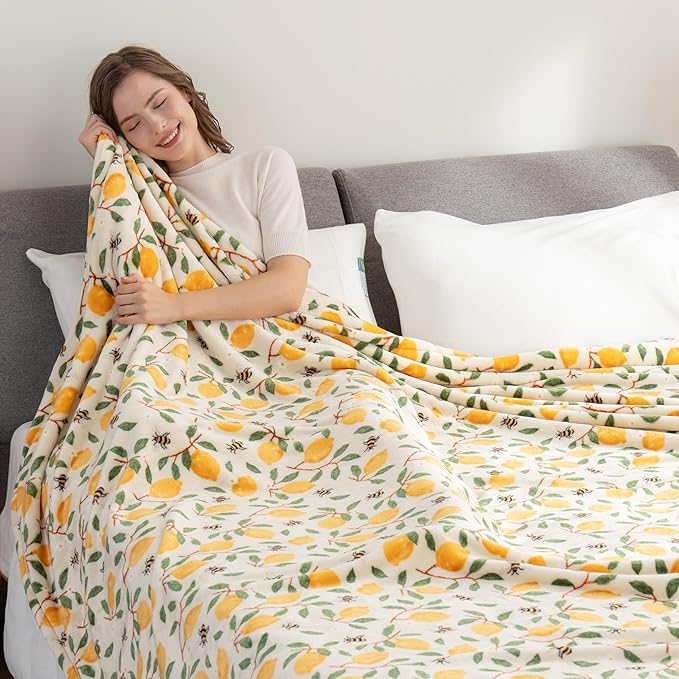 Berkshire Blanket-Classic Heavyweight Soft Printed VelvetLoft® Plush Blanket, Full/Queen Size Soft Fuzzy Warm Blanket for Couch Sofa Bed, Lemons and Bees Yellow, 90in x 90in